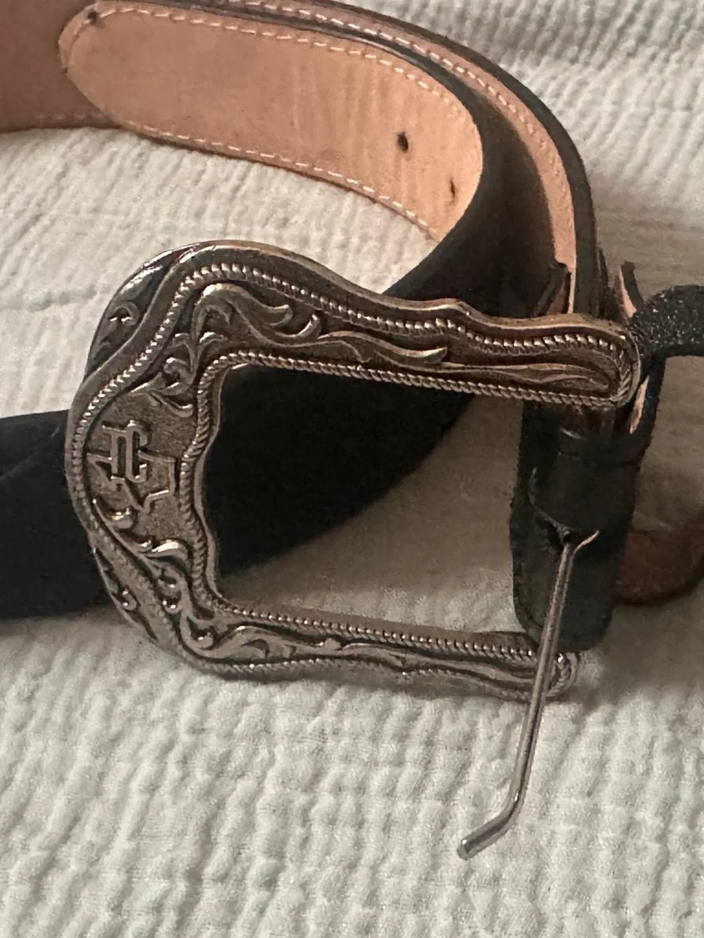 Men's Black Leather Belt with Ornate Silver Western Buckle